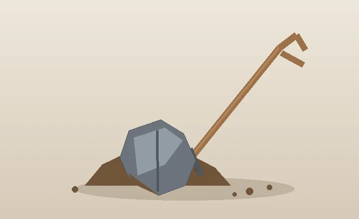 A round-point garden shovel resting on a pile of loosened soil beside a vegetable bed