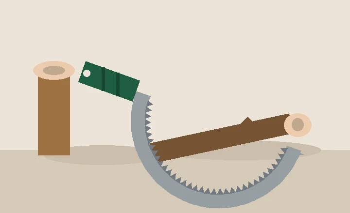 A folding pruning saw with a curved blade resting beside a freshly cut branch