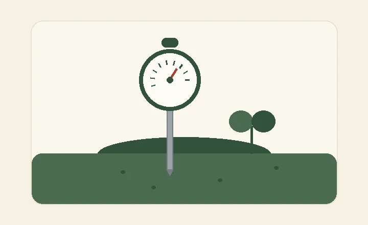 A dial soil thermometer with its probe in garden soil beside a young seedling
